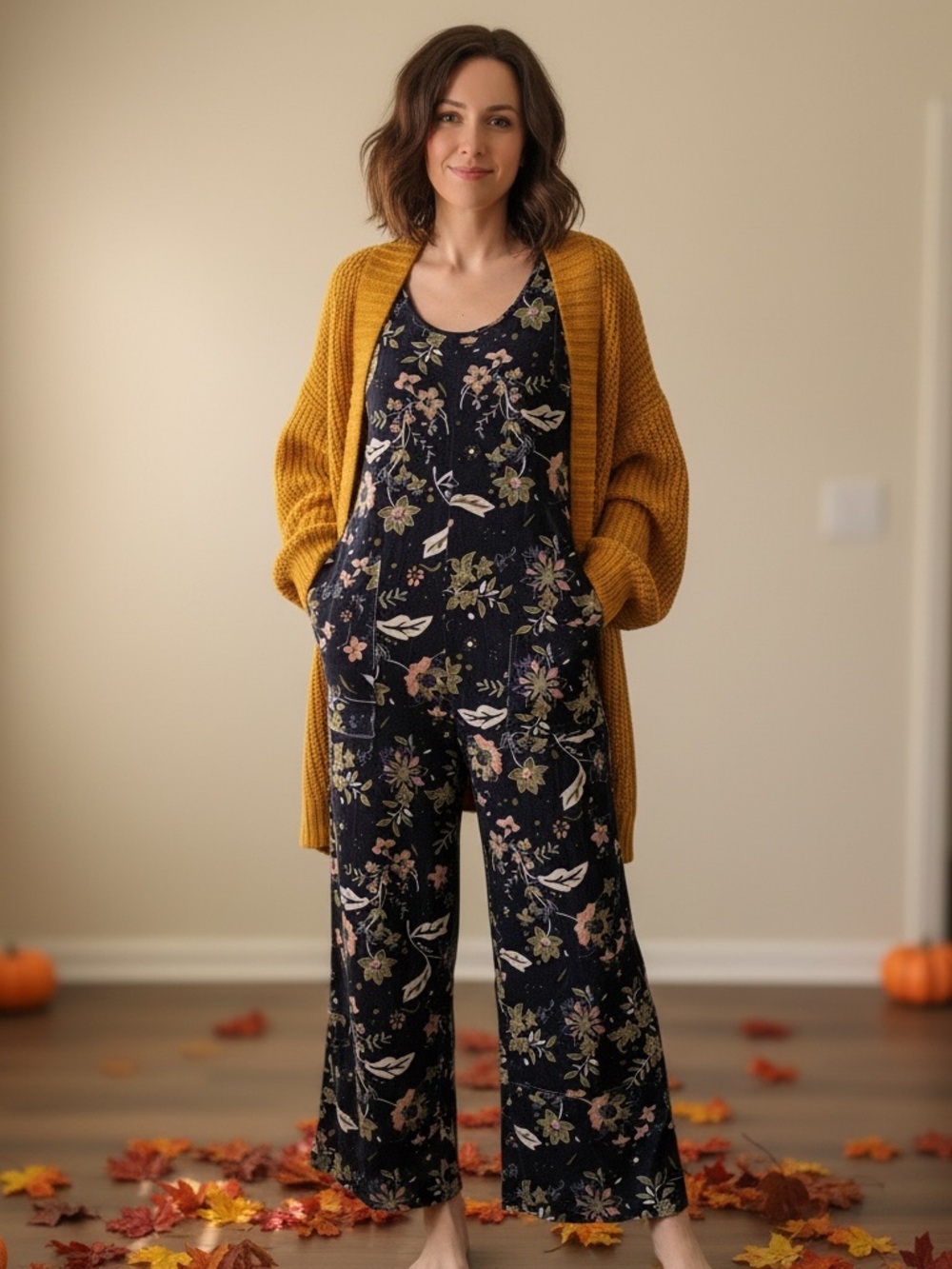 Navy Floral Velvet Wide-Leg Jumpsuit